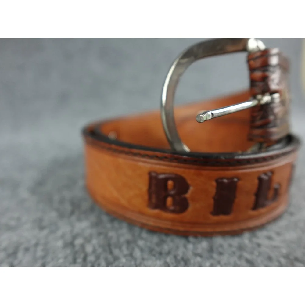 Custom‎ Leather Belt Bill Hand Tooled Western Cowboy Style Silver Buckle